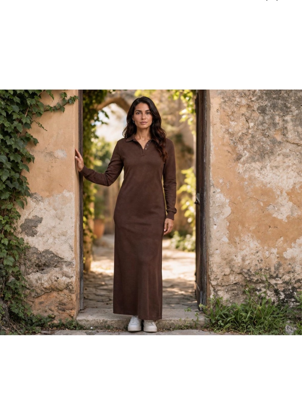 Long Sleeve Polo Maxi Dress in Brown